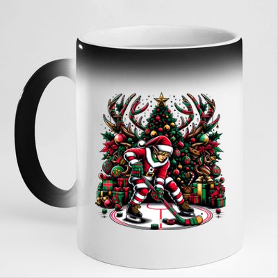 Funny Santa Elf Playing Hockey Christmas Funny Gift 11oz Black Color Changing Mug