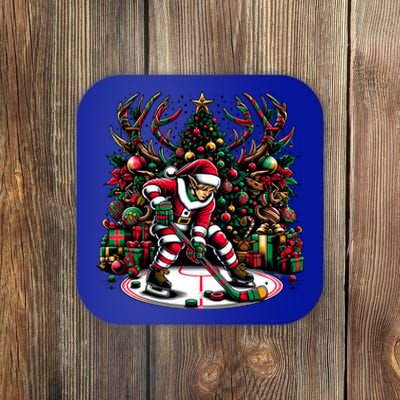 Funny Santa Elf Playing Hockey Christmas Funny Gift Coaster