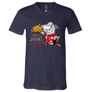 Funny Shark Eat Turkey Happy Thanksgiving Gifts V-Neck T-Shirt