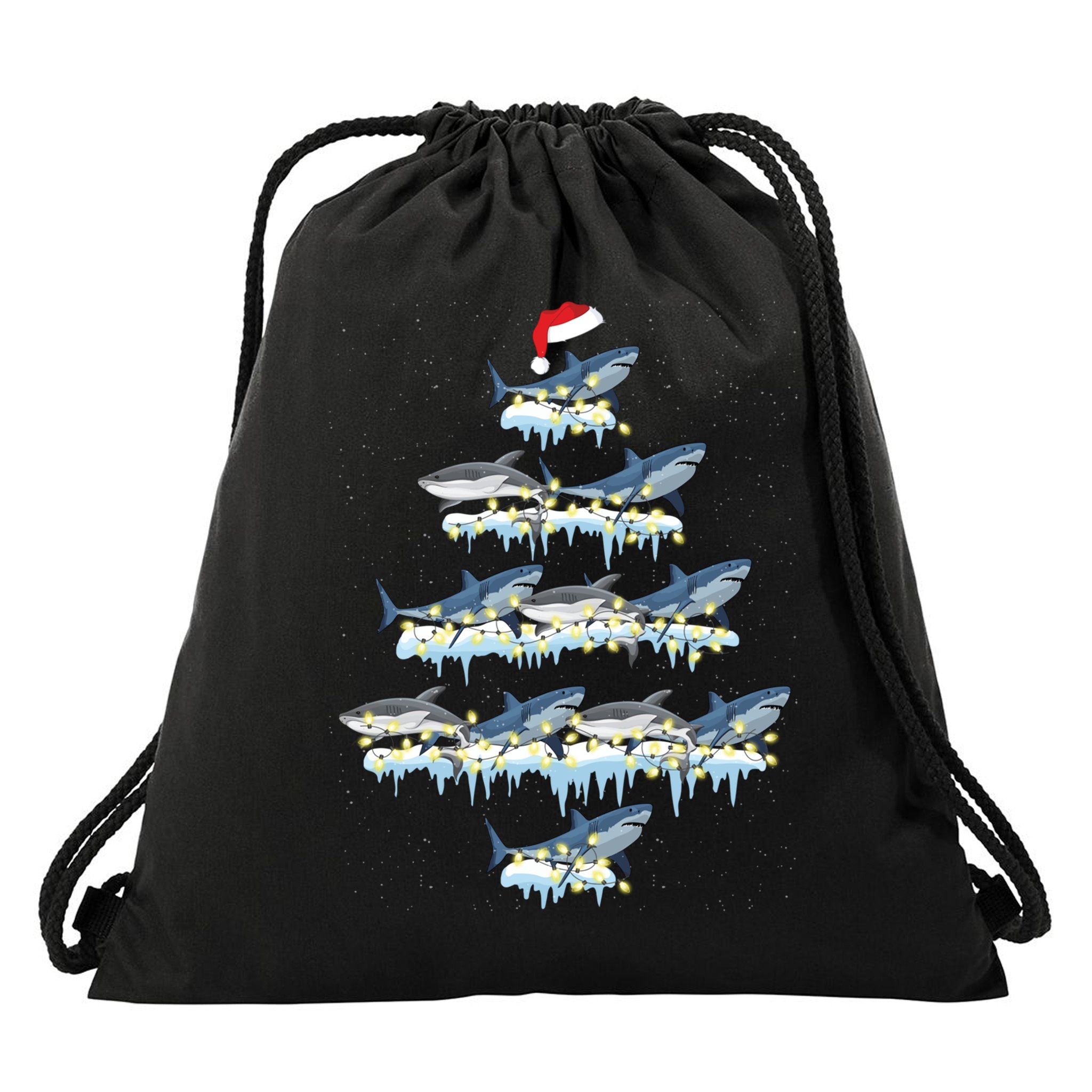 Funny Shark Fish Xmas Lighting Tree Santa Shark Christmas Gift Drawstring Bag