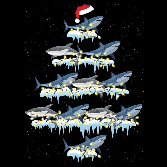 Funny Shark Fish Xmas Lighting Tree Santa Shark Christmas Gift Drawstring Bag