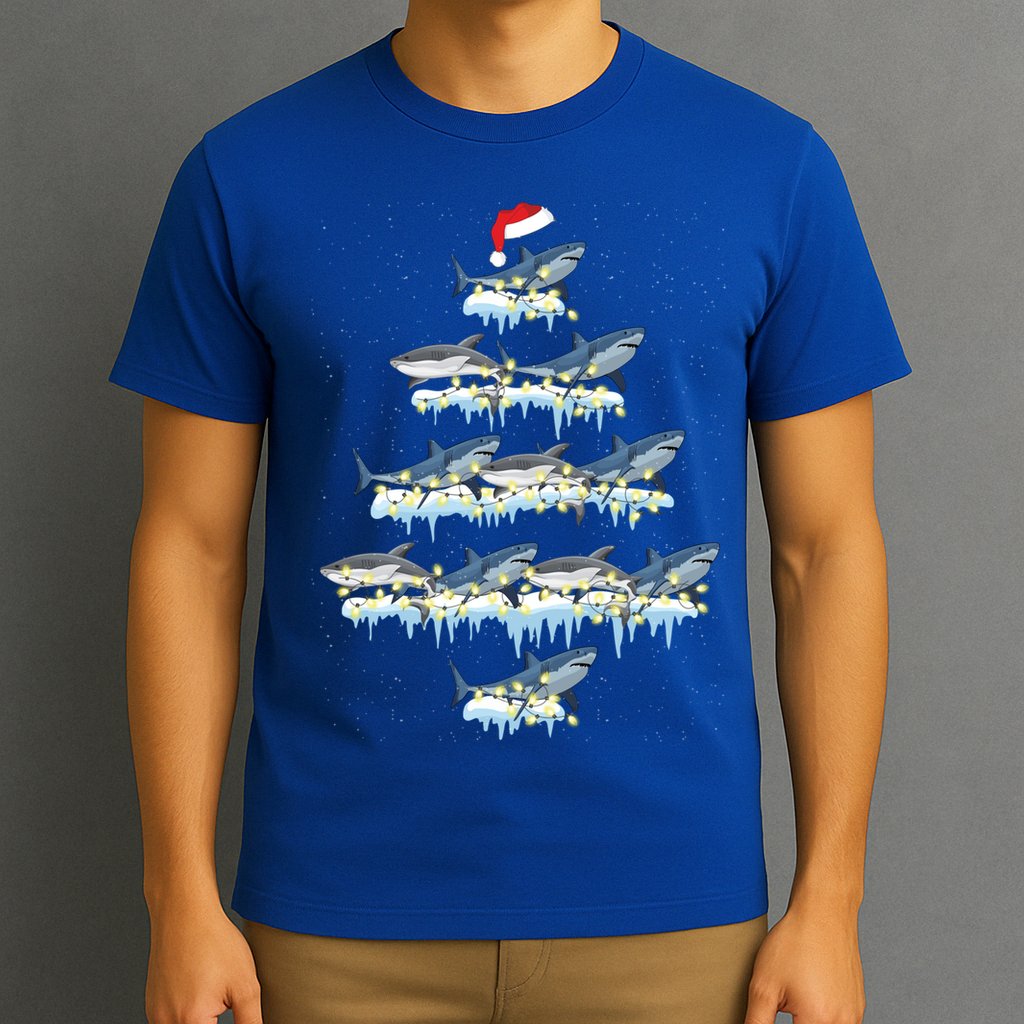 Funny Shark Fish Xmas Lighting Tree Santa Shark Christmas Gift T-Shirt