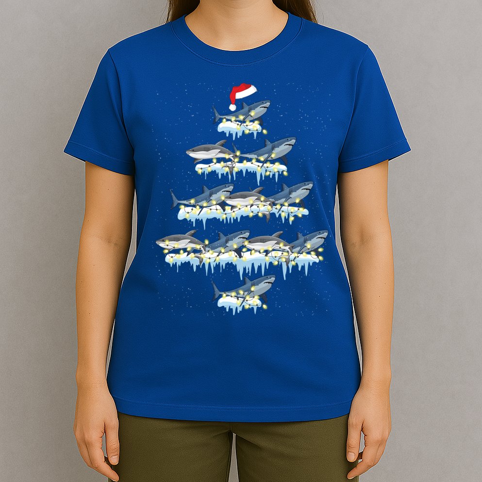 Funny Shark Fish Xmas Lighting Tree Santa Shark Christmas Gift T-Shirt