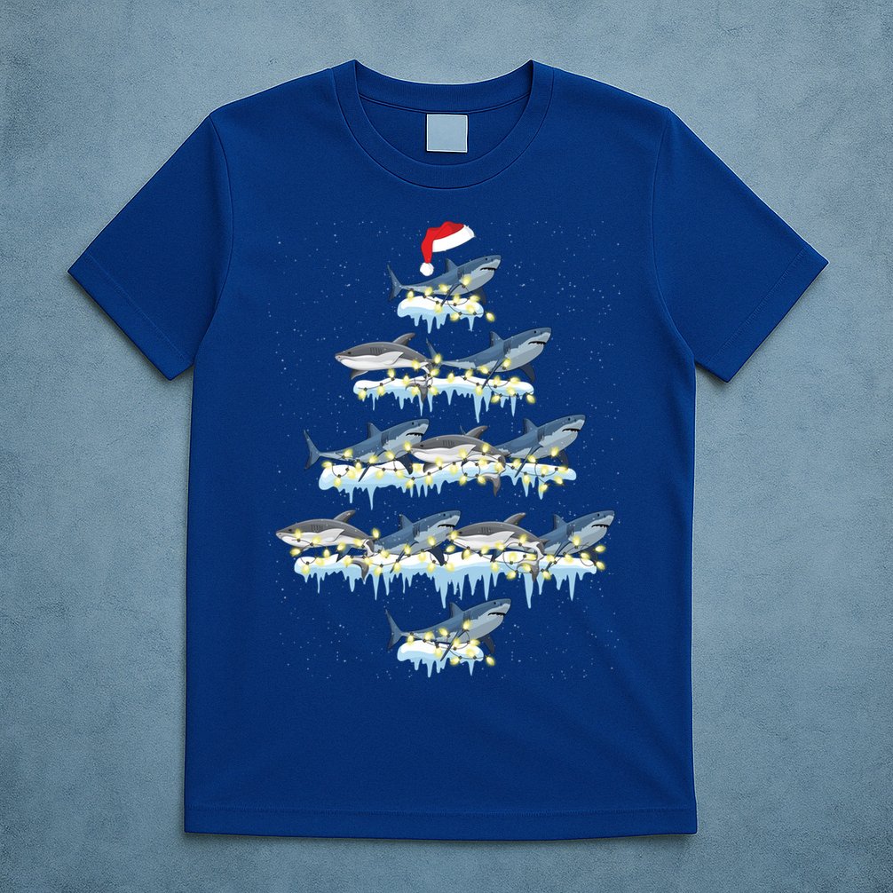 Funny Shark Fish Xmas Lighting Tree Santa Shark Christmas Gift T-Shirt