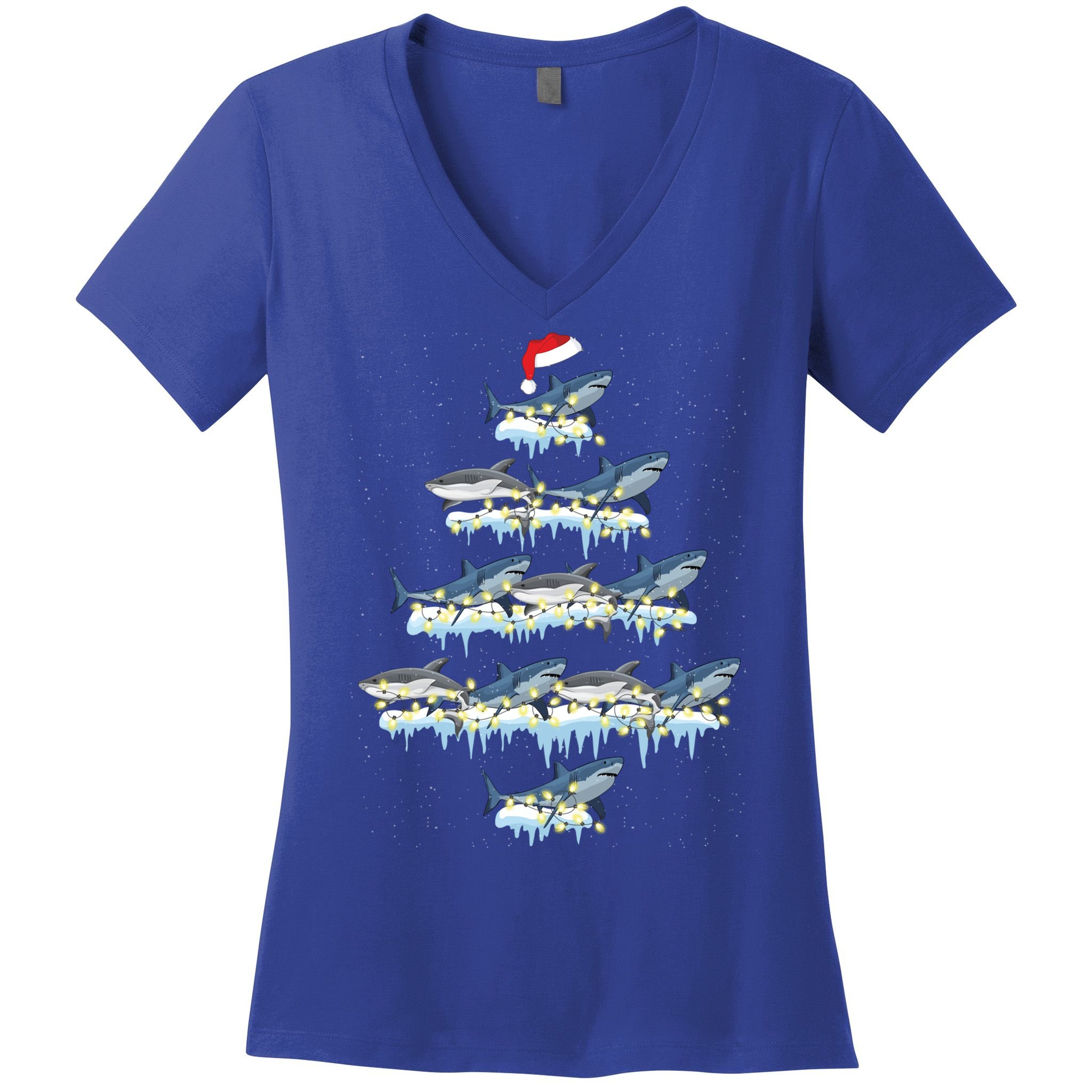 Funny Shark Fish Xmas Lighting Tree Santa Shark Christmas Gift Women's V-Neck T-Shirt