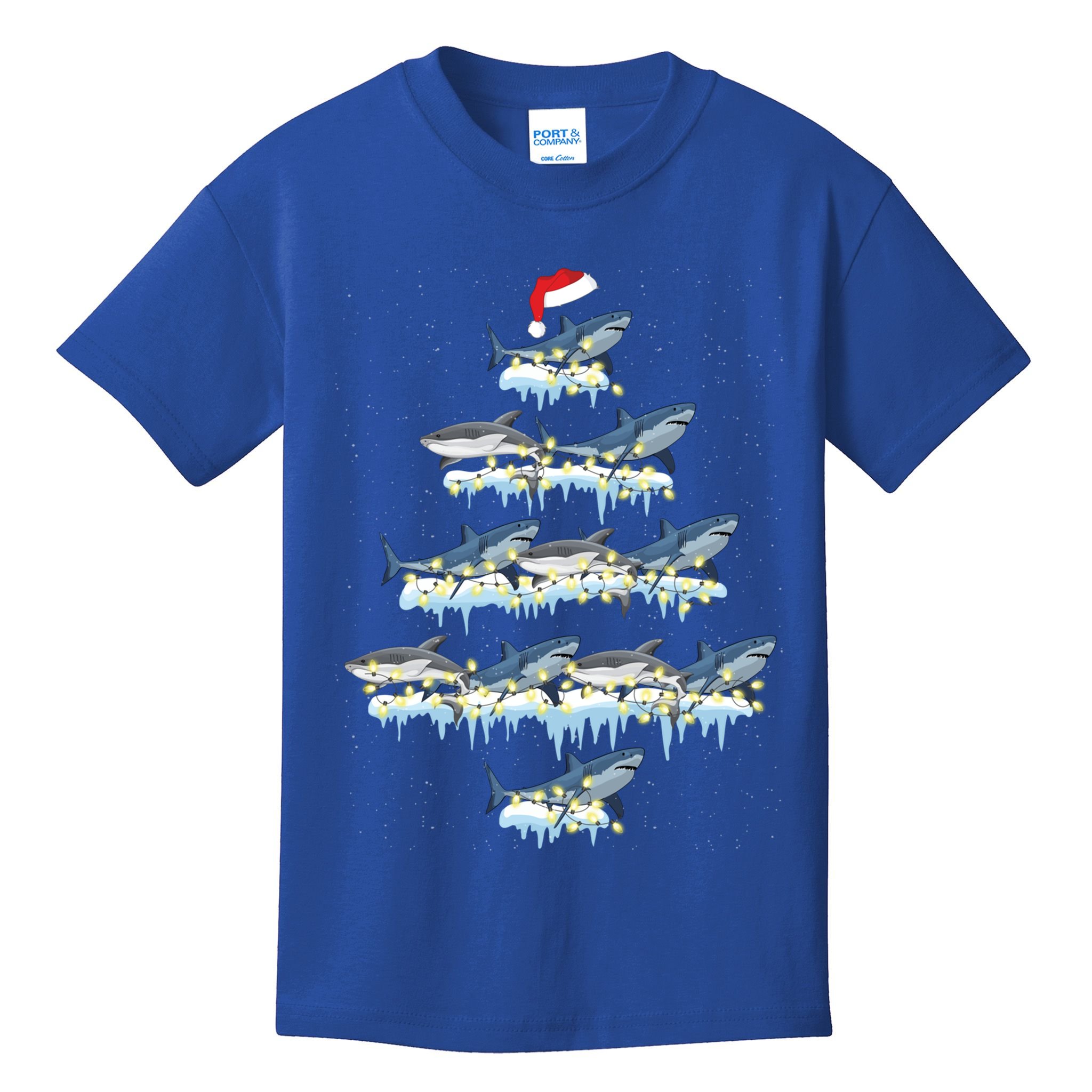 Funny Shark Fish Xmas Lighting Tree Santa Shark Christmas Gift Kids T-Shirt