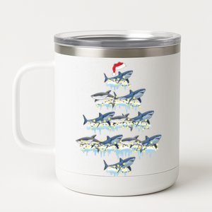 Funny Shark Fish Xmas Lighting Tree Santa Shark Christmas Gift 12 oz Stainless Steel Tumbler Cup