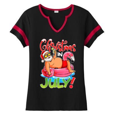 Funny Santa Flamingo Float Christmas In July Summer Vacation Ladies Halftime Notch Neck Tee