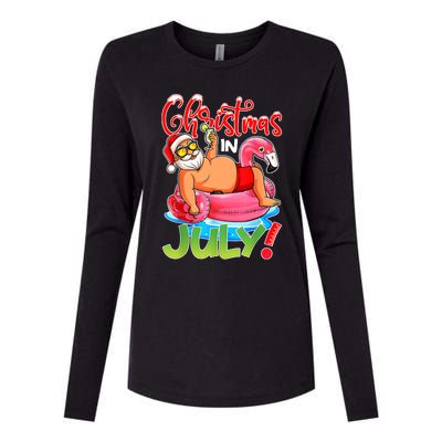 Funny Santa Flamingo Float Christmas In July Summer Vacation Womens Cotton Relaxed Long Sleeve T-Shirt