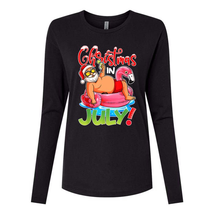 Funny Santa Flamingo Float Christmas In July Summer Vacation Womens Cotton Relaxed Long Sleeve T-Shirt