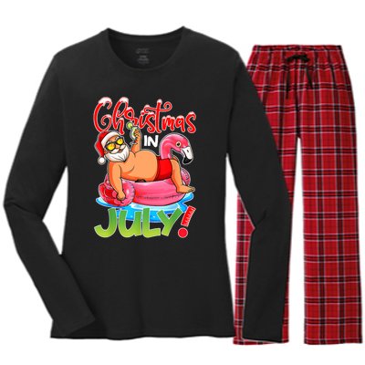 Funny Santa Flamingo Float Christmas In July Summer Vacation Women's Long Sleeve Flannel Pajama Set 