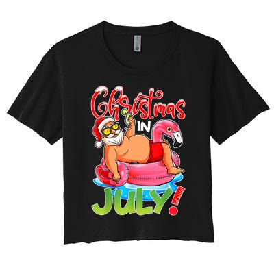 Funny Santa Flamingo Float Christmas In July Summer Vacation Women's Crop Top Tee