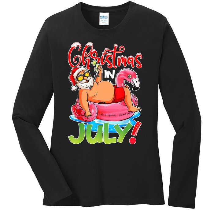 Funny Santa Flamingo Float Christmas In July Summer Vacation Ladies Long Sleeve Shirt