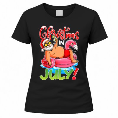 Funny Santa Flamingo Float Christmas In July Summer Vacation Women's T-Shirt