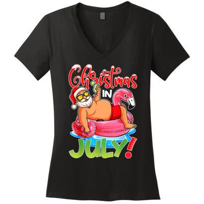 Funny Santa Flamingo Float Christmas In July Summer Vacation Women's V-Neck T-Shirt