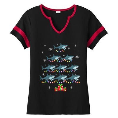 Funny Shark Fish Xmas Lighting Tree Santa Shark Christmas Meaningful Gift Ladies Halftime Notch Neck Tee