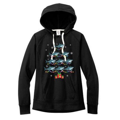 Funny Shark Fish Xmas Lighting Tree Santa Shark Christmas Meaningful Gift Women's Fleece Hoodie