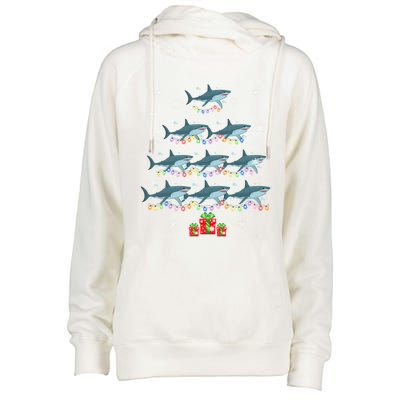 Funny Shark Fish Xmas Lighting Tree Santa Shark Christmas Meaningful Gift Womens Funnel Neck Pullover Hood