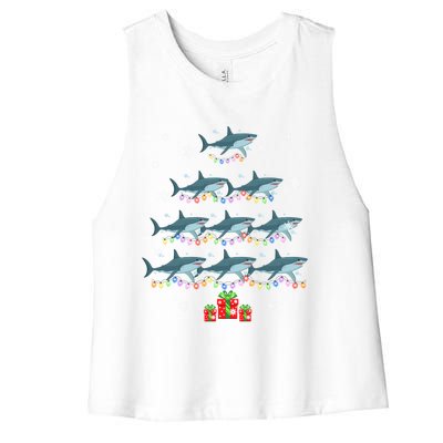 Funny Shark Fish Xmas Lighting Tree Santa Shark Christmas Meaningful Gift Women's Racerback Cropped Tank