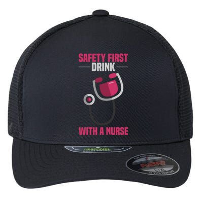 Funny Safety First With A Nurse Gift For Rn Lpn Flexfit Unipanel Trucker Cap