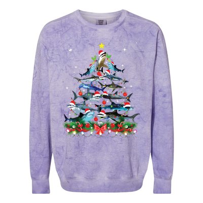 Funny Shark Fish Xmas Lighting Tree Santa Shark Christmas Colorblast Crewneck Sweatshirt