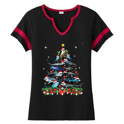 Funny Shark Fish Xmas Lighting Tree Santa Shark Christmas Ladies Halftime Notch Neck Tee