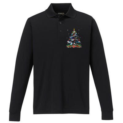 Funny Shark Fish Xmas Lighting Tree Santa Shark Christmas Performance Long Sleeve Polo