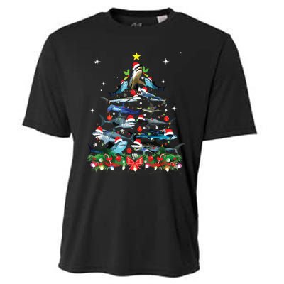 Funny Shark Fish Xmas Lighting Tree Santa Shark Christmas Cooling Performance Crew T-Shirt