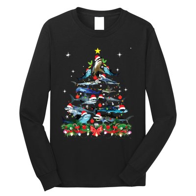 Funny Shark Fish Xmas Lighting Tree Santa Shark Christmas Long Sleeve Shirt