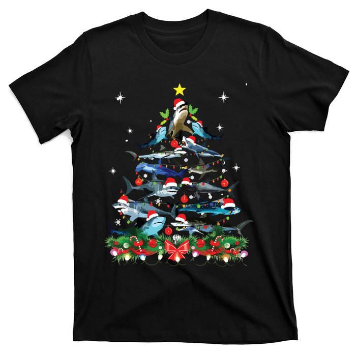 Funny Shark Fish Xmas Lighting Tree Santa Shark Christmas T-Shirt