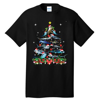 Funny Shark Fish Xmas Lighting Tree Santa Shark Christmas Tall T-Shirt