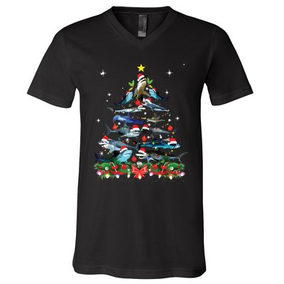 Funny Shark Fish Xmas Lighting Tree Santa Shark Christmas V-Neck T-Shirt