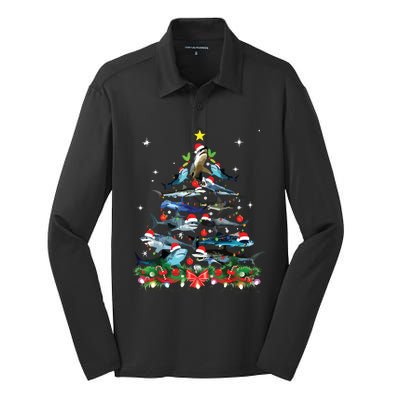 Funny Shark Fish Xmas Lighting Tree Santa Shark Christmas Silk Touch Performance Long Sleeve Polo