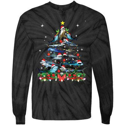 Funny Shark Fish Xmas Lighting Tree Santa Shark Christmas Tie-Dye Long Sleeve Shirt