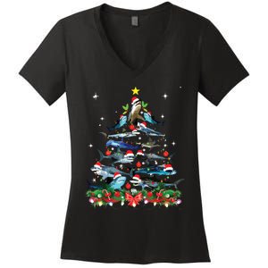 Funny Shark Fish Xmas Lighting Tree Santa Shark Christmas Women's V-Neck T-Shirt