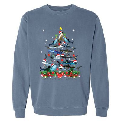 Funny Shark Fish Xmas Lighting Tree Santa Shark Christmas Garment-Dyed Sweatshirt