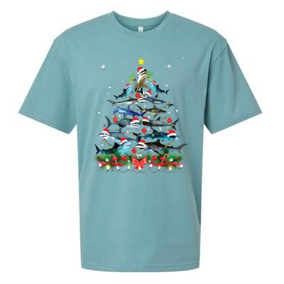 Funny Shark Fish Xmas Lighting Tree Santa Shark Christmas Sueded Cloud Jersey T-Shirt