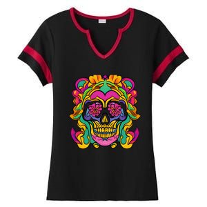 Floral Skull Flowers At Skull Skeleton Halloween Portrait Ladies Halftime Notch Neck Tee