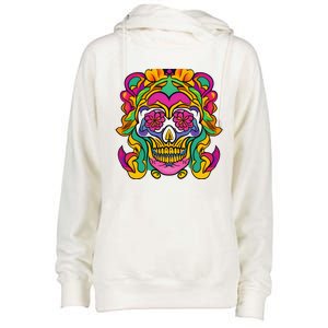 Floral Skull Flowers At Skull Skeleton Halloween Portrait Womens Funnel Neck Pullover Hood