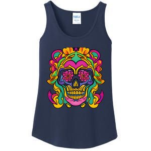 Floral Skull Flowers At Skull Skeleton Halloween Portrait Ladies Essential Tank