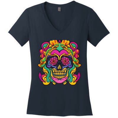 Floral Skull Flowers At Skull Skeleton Halloween Portrait Women's V-Neck T-Shirt