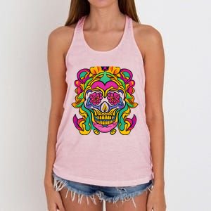 Floral Skull Flowers At Skull Skeleton Halloween Portrait Women's Knotted Racerback Tank