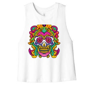 Floral Skull Flowers At Skull Skeleton Halloween Portrait Women's Racerback Cropped Tank