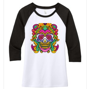 Floral Skull Flowers At Skull Skeleton Halloween Portrait Women's Tri-Blend 3/4-Sleeve Raglan Shirt