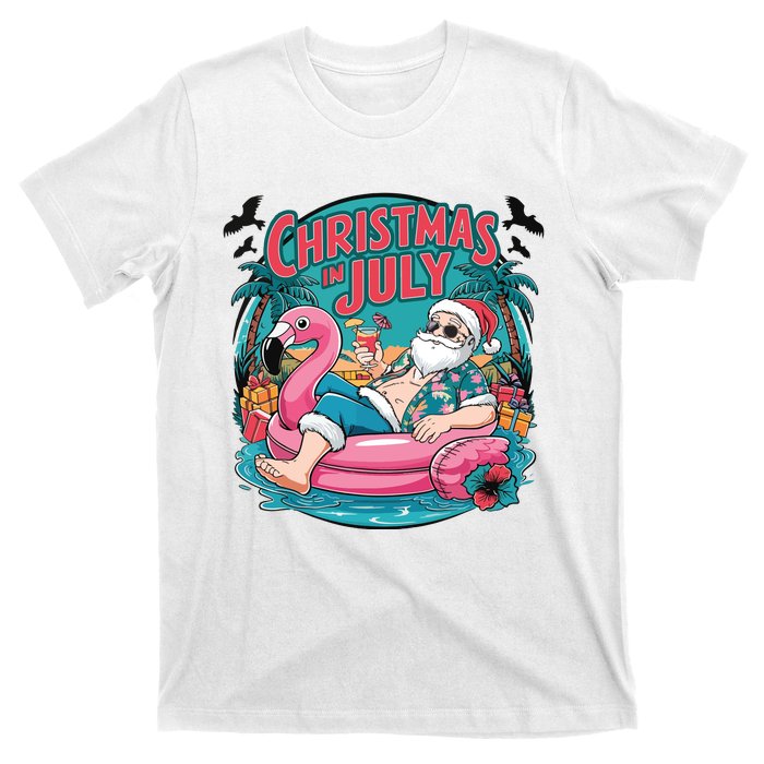 Funny Santa Flamingo Christmas In July Summer Xmas T-Shirt