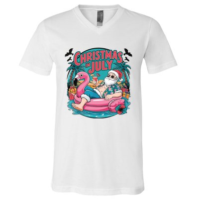 Funny Santa Flamingo Christmas In July Summer Xmas V-Neck T-Shirt