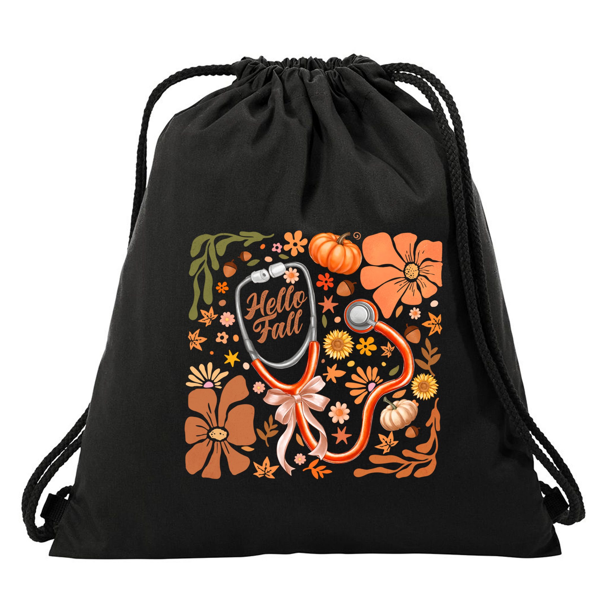 Fall Stethoscope Floral Fall Nurse Fall Autumn Thanksgiving Gift Drawstring Bag