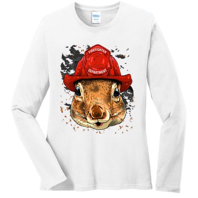 Firefighter Squirrel Fire Department Fireman Squirrel Lover Ladies Long Sleeve Shirt