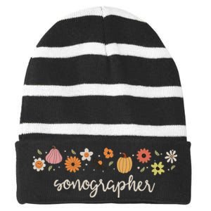 Fall Season Flowers Sonographer Pumpkin Ultrasound Tech Striped Beanie with Solid Band