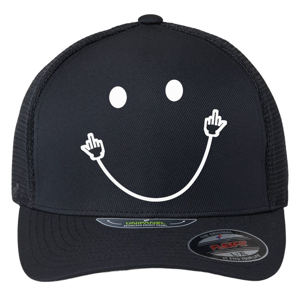 Funny Smile Face Middle Finger Sarcasm Meme Quote Gift Flexfit Unipanel Trucker Cap